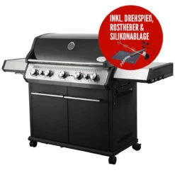 SANTOS S-518 Mit Seiten- Und Heckbrenner, Schwarz, Inkl. Drehspieß, Rostheber & Silikonablage & Graviertes ZWILLING Pro Messer -GrillMeister Geschäft 71d26fd2b3ce7faee2ba72a6d384244c