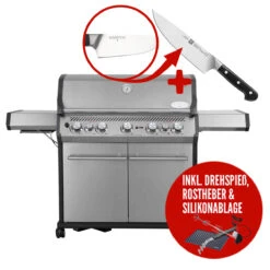 SANTOS S-518 Mit Seiten- & Heckbrenner, Edelstahl Inkl. Drehspieß, Rostheber & Silikonablage & Graviertes ZWILLING Pro Messer -GrillMeister Geschäft ddaf9484bbf2d207d2c7350b7dd2d606